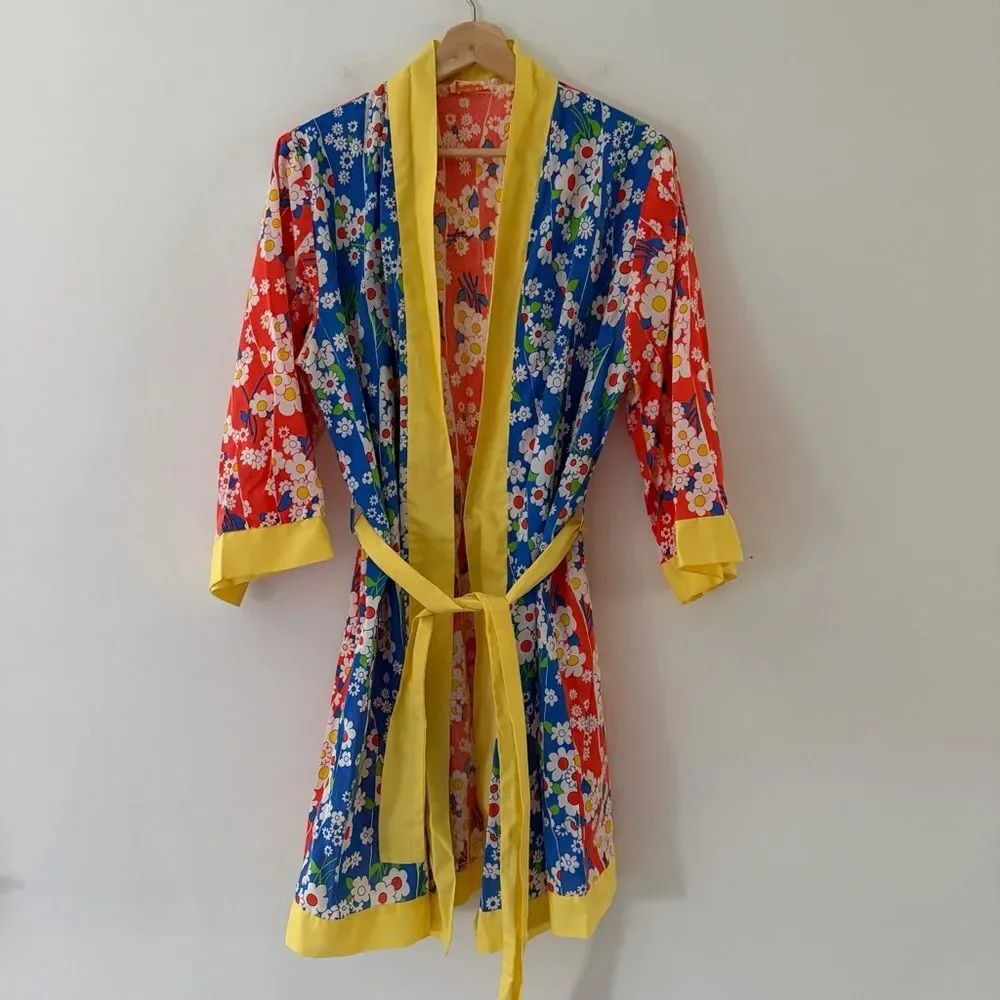 Vintage Robe 60s Daisy Mod Fab Yellow Blue Hippie Groovy OS